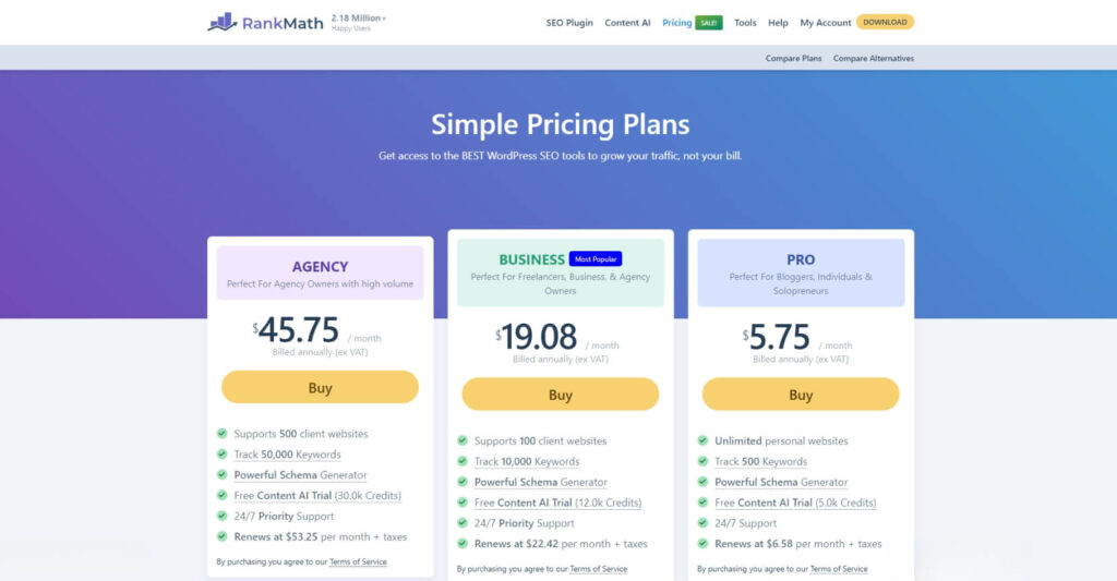 Rank Math Pricing Plan