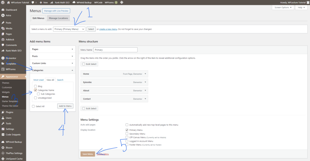 Add categories on WordPress Menu